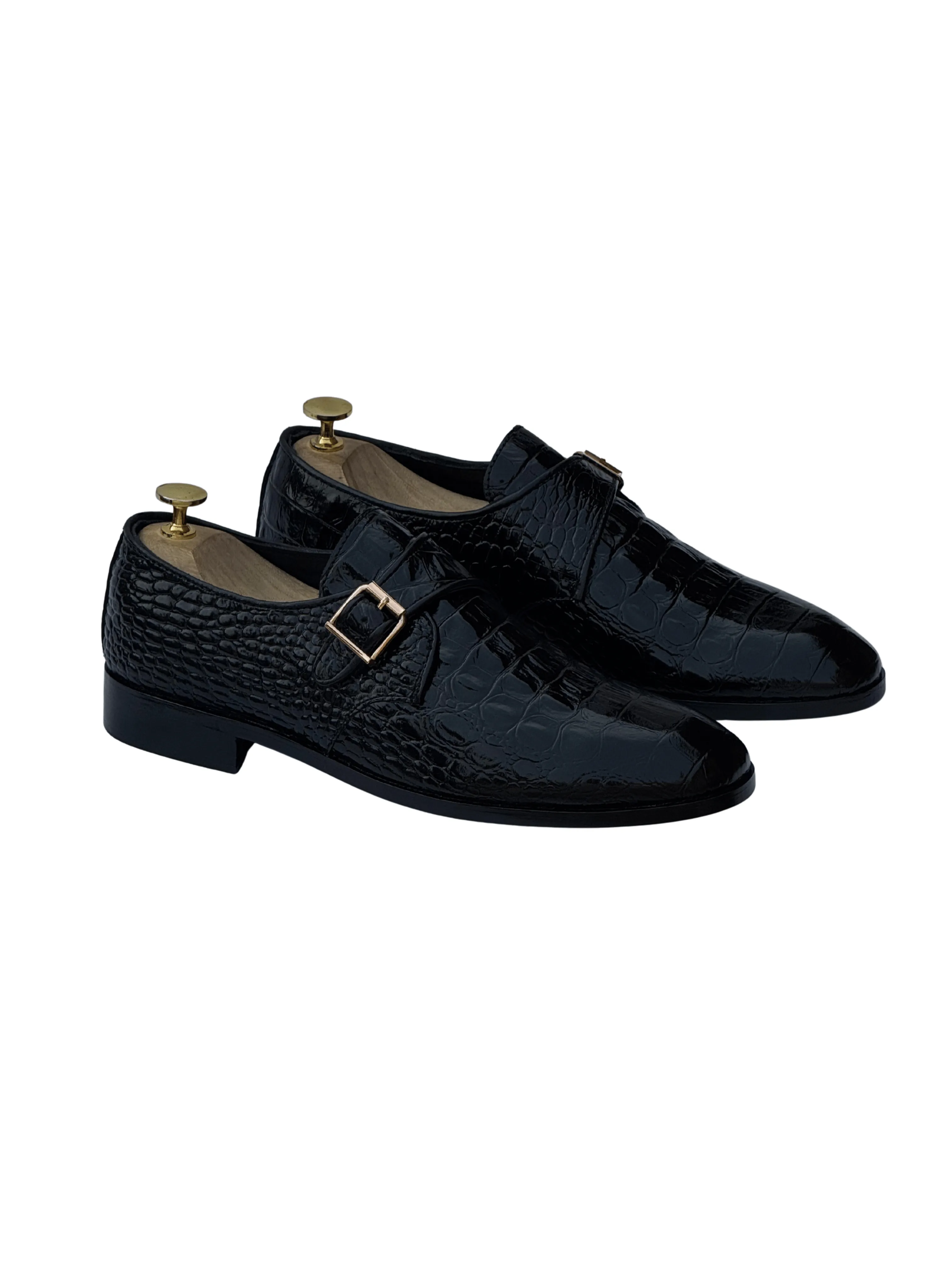 Premium Crocodile Leather Side Monk - Black Shoe — alternate view